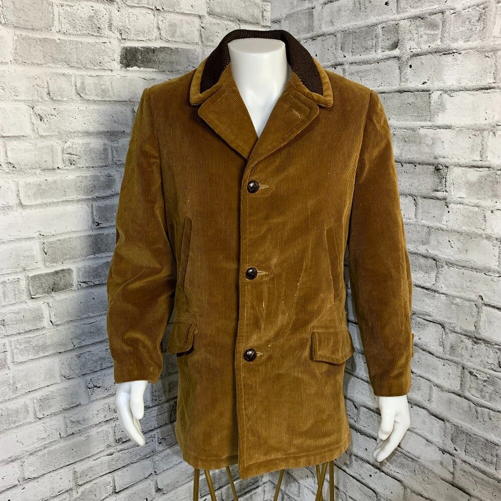Vintage 70s Sears Barn Jacket Coat Mens 40 Camel Corduroy Faux Fur Lined Rancher